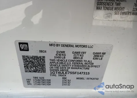 2025 GMC Sierra K2500 Heavy Duty z USA, uszkodzony, nr VIN 1GT4ULE75SF147315